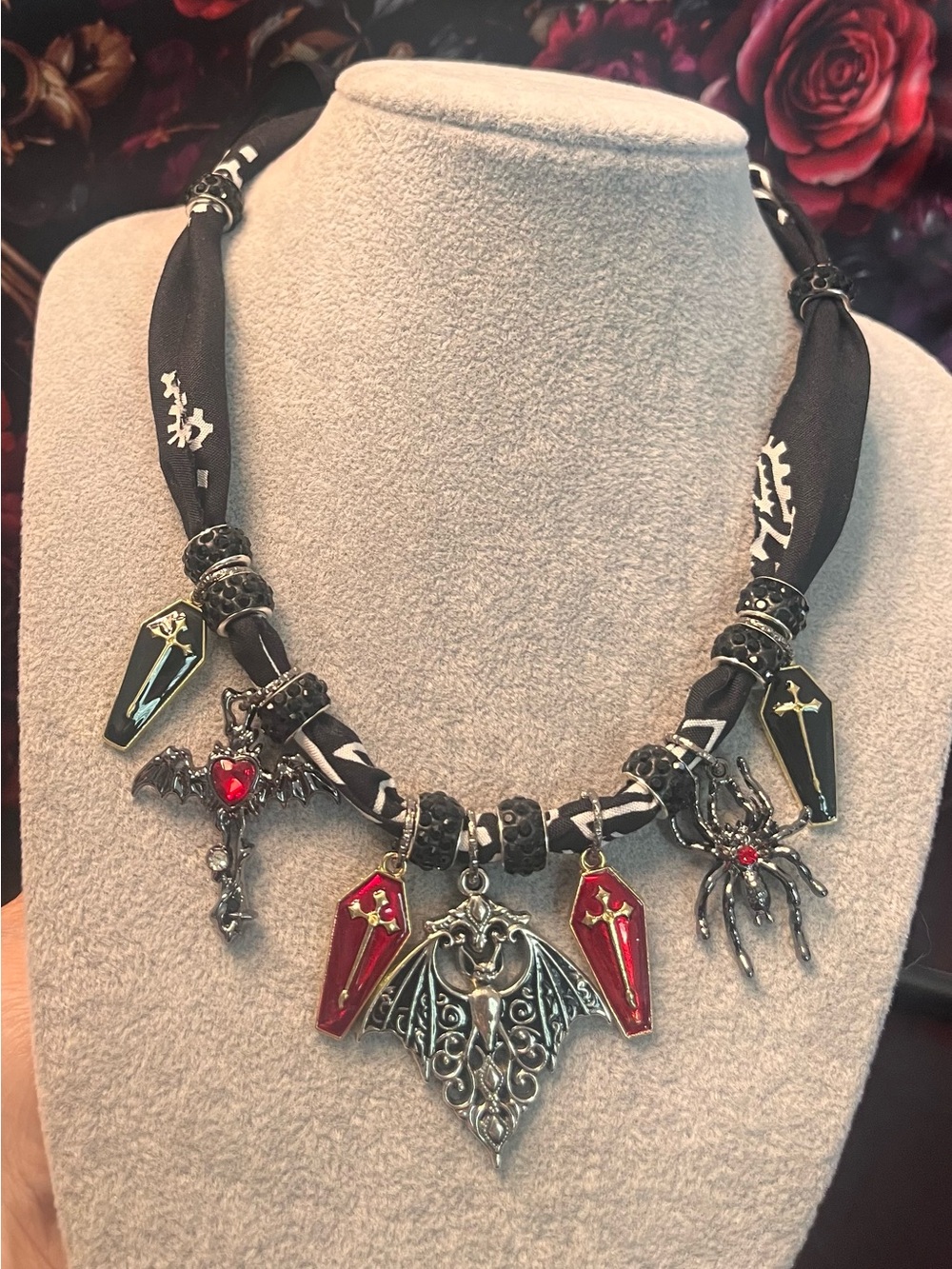 Gothic Bat & Coffin Charm Necklace - Black and Red